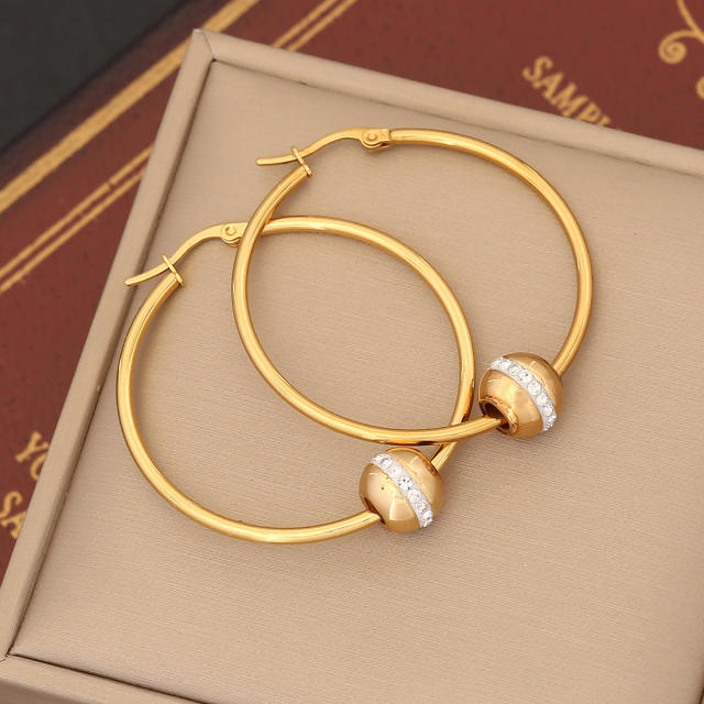 Easy match geometric hoop diamond ball bead stainless steel earrings