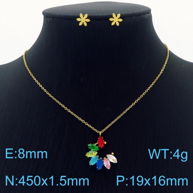 Dainty colorful diamond flower pendant stainless steel necklace set