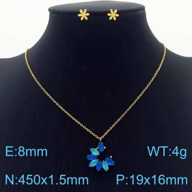 Dainty colorful diamond flower pendant stainless steel necklace set
