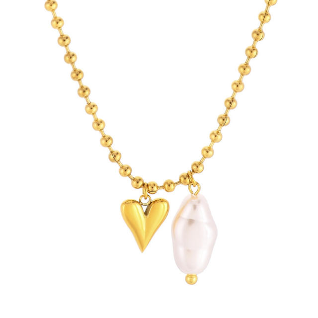 Baroque imitation pearl heart charm stainless steel necklace