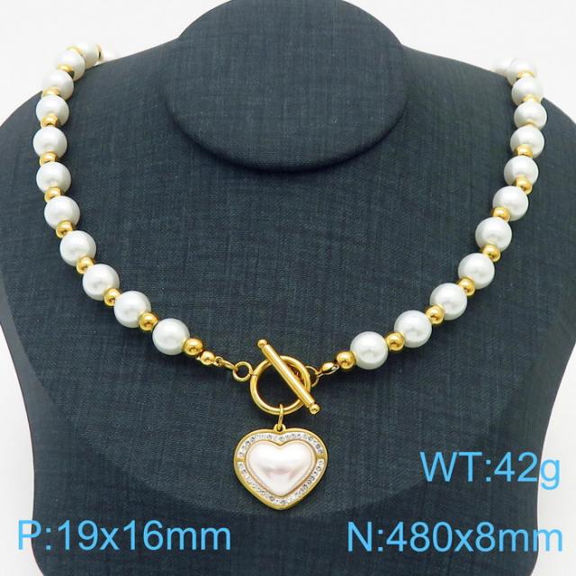 INS heart pearl bead stainless steel toggle chain necklace set