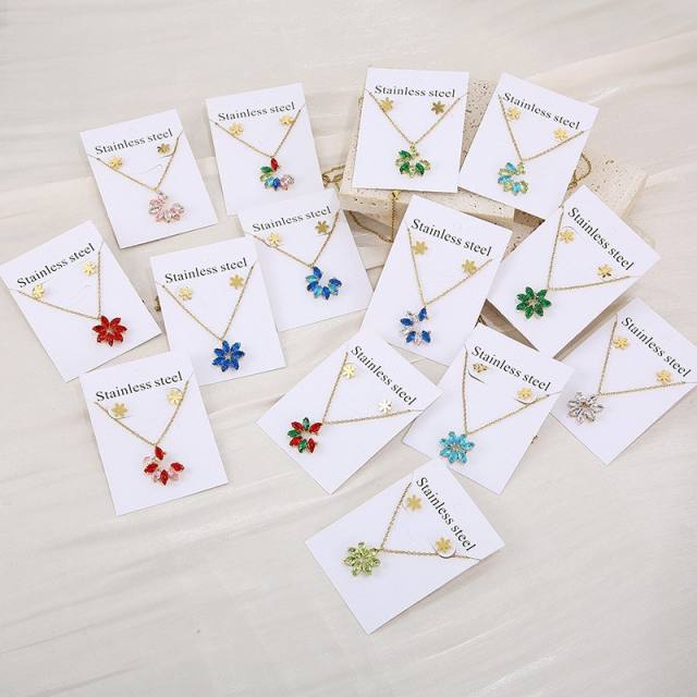 Dainty colorful diamond flower pendant stainless steel necklace set