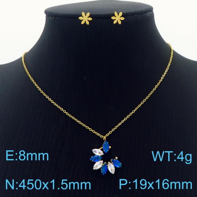 Dainty colorful diamond flower pendant stainless steel necklace set
