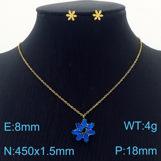 Dainty colorful diamond flower pendant stainless steel necklace set