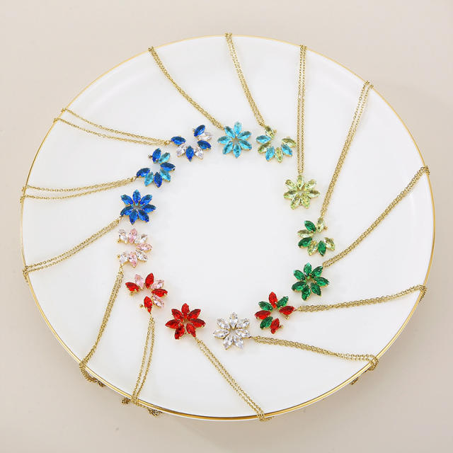 Dainty colorful diamond flower pendant stainless steel necklace set