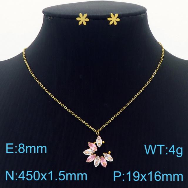 Dainty colorful diamond flower pendant stainless steel necklace set