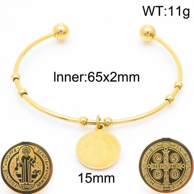 18KG Saint Benedict coin charm stainless steel cuff bangle