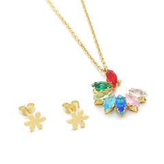 Dainty colorful diamond flower pendant stainless steel necklace set