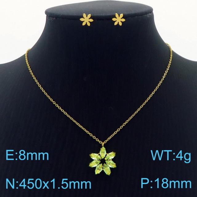 Dainty colorful diamond flower pendant stainless steel necklace set