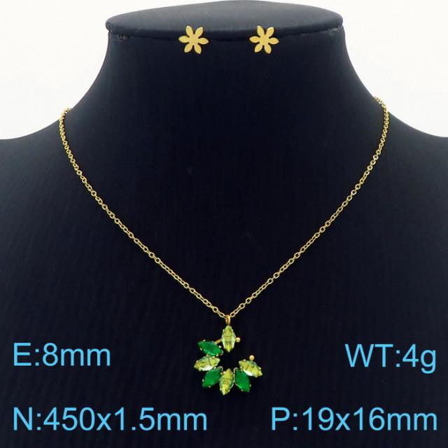 Dainty colorful diamond flower pendant stainless steel necklace set