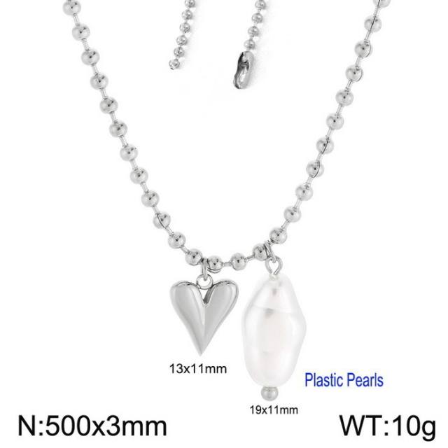 Baroque imitation pearl heart charm stainless steel necklace