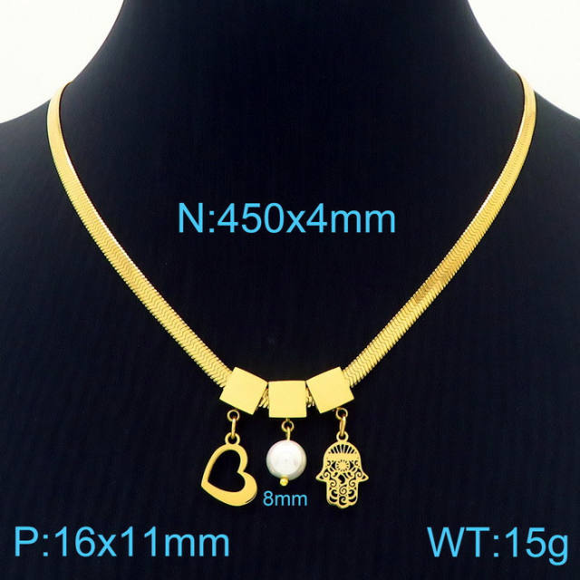 3 color heart clover pearl charm stainless steel snake chain necklace set