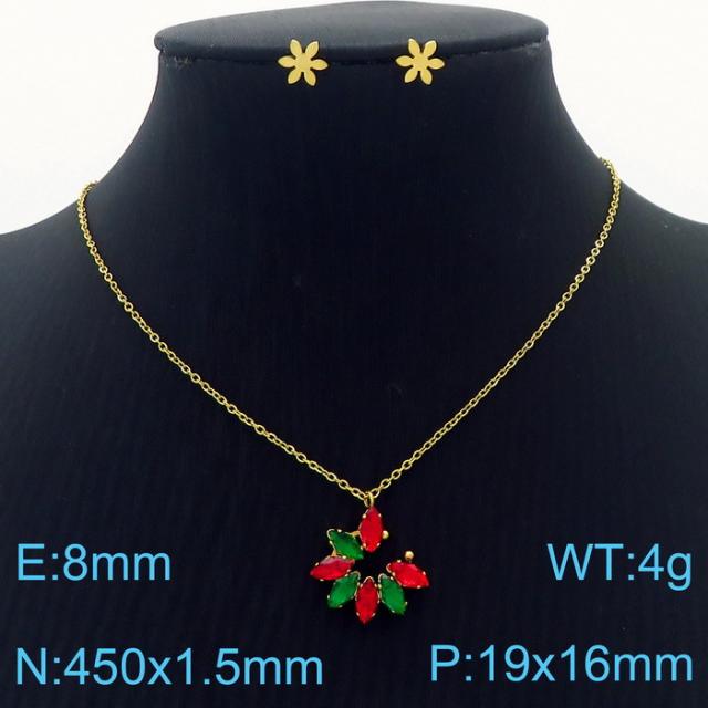 Dainty colorful diamond flower pendant stainless steel necklace set