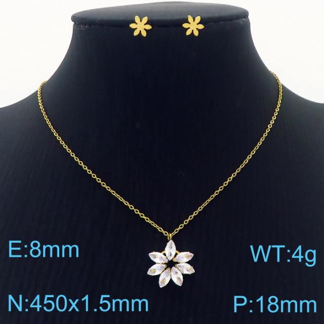 Dainty colorful diamond flower pendant stainless steel necklace set