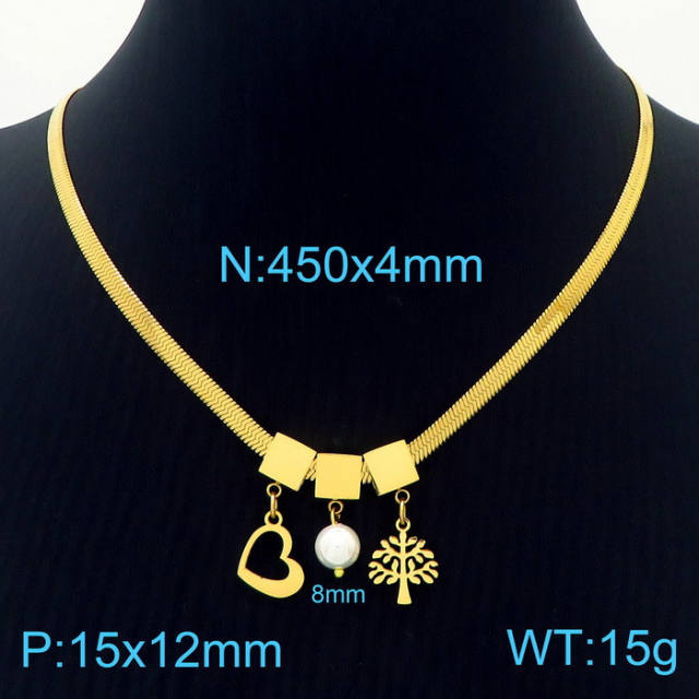 3 color heart clover pearl charm stainless steel snake chain necklace set