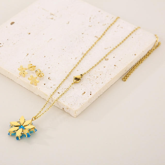 Dainty colorful diamond flower pendant stainless steel necklace set