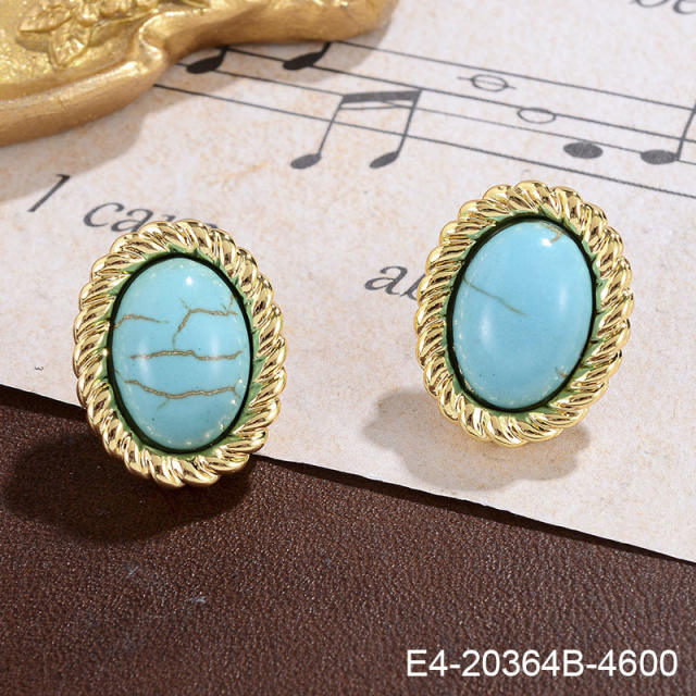 925 needle vintage gold plated turquoise bead leaf design studs earrings