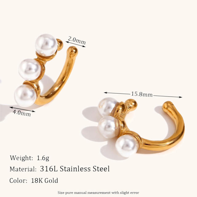 18KG personality 3 pearl bead stainless steel ear cuff