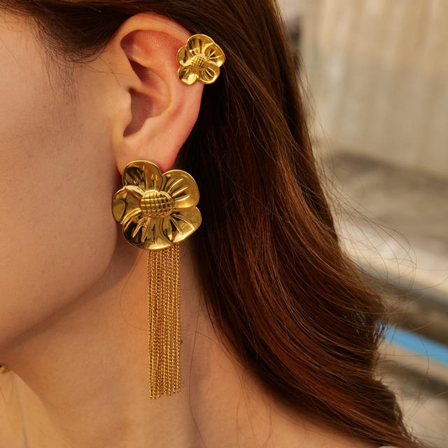 Fresh sunflower tassel stainless steel earrings bangle set
