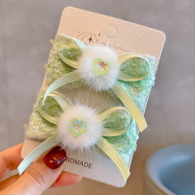 Winter autumn sweet stereo bow fluffy ball hair clips for kids 1pcs