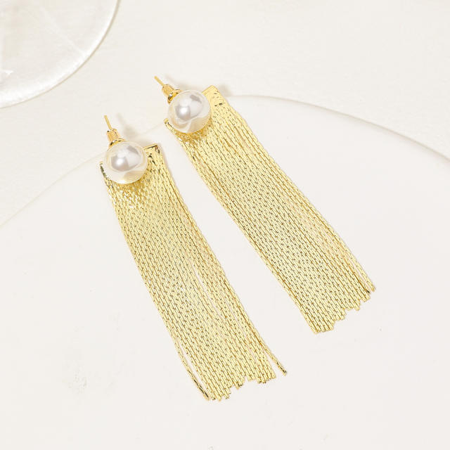Vintage gold color stainless steel chain tassel long earrings for women