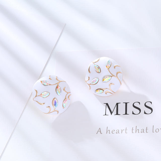 925 needle white color round shape rhinestone statement studs earrings