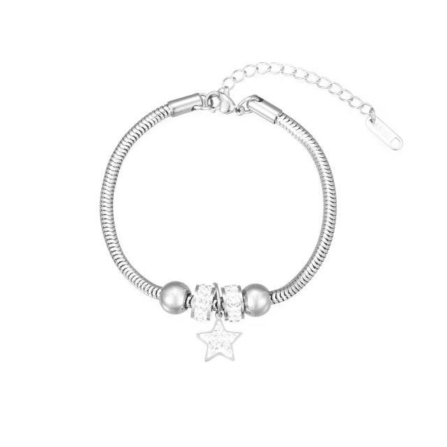 Delicate diamond bead butterfly heart key charm snake chain stainless steel bracelet