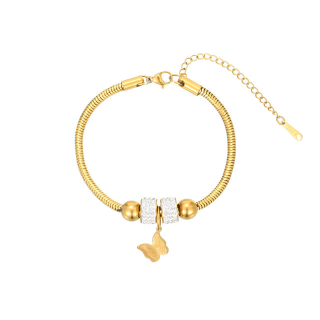 Delicate diamond bead butterfly heart key charm snake chain stainless steel bracelet