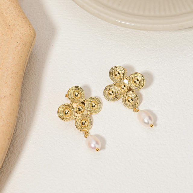 Elegant pearl bead flower stainless steel earrings long earrings