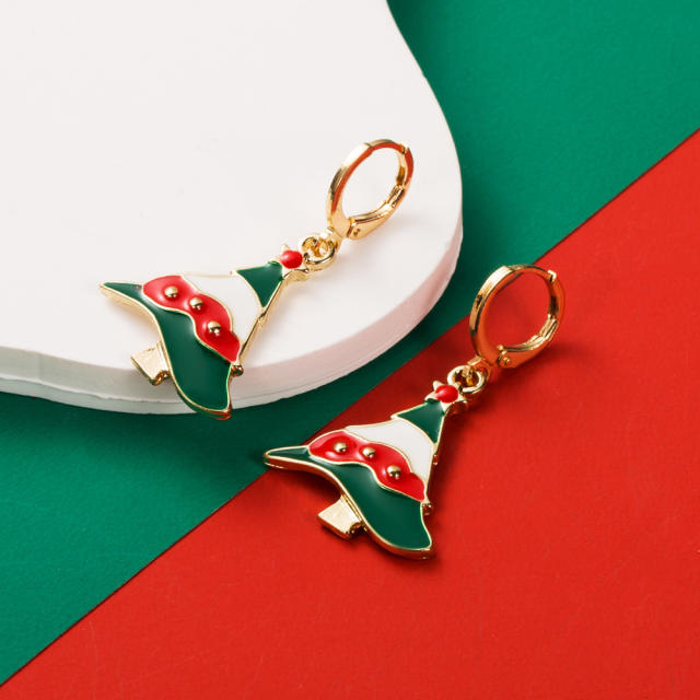 Color enamel christmas tree santa bell cute huggie earrings