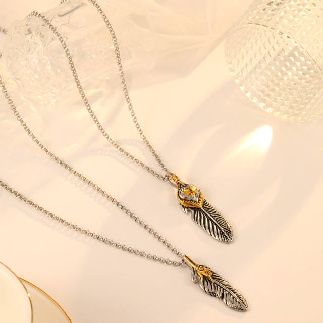 Two tone feather pendant stainless steel necklace for men