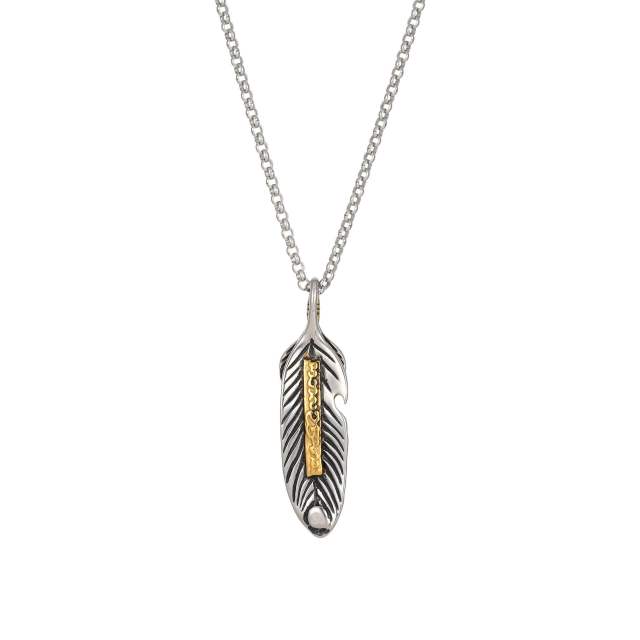 Two tone feather pendant stainless steel necklace for men