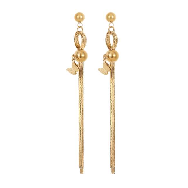 Elegant gold color snake chain long tassel stainless steel earrings