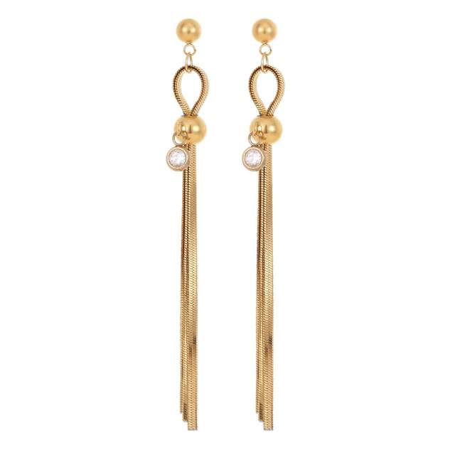 Elegant gold color snake chain long tassel stainless steel earrings