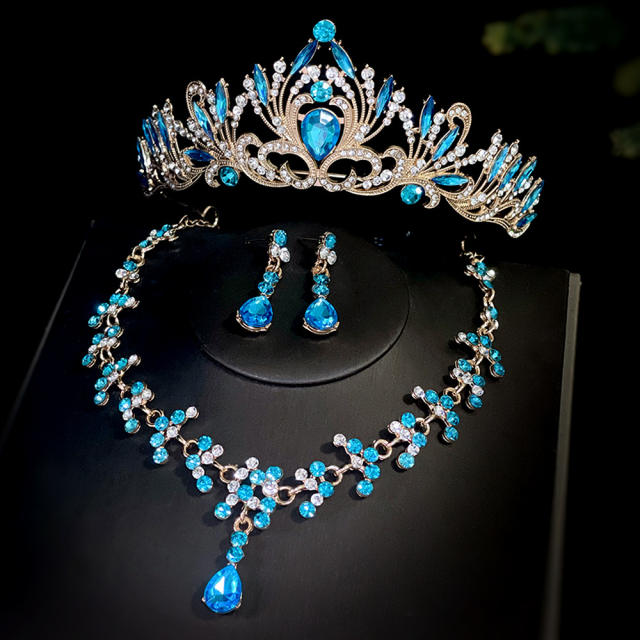 Delicate colorful crystal statement wedding hair crown necklace set
