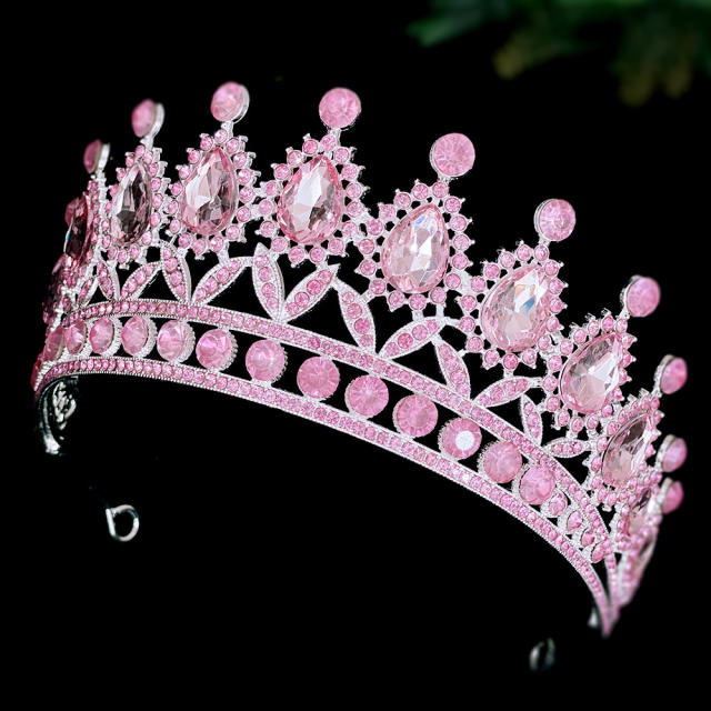 New color pink glass crystal statement luxury wedding hair crown