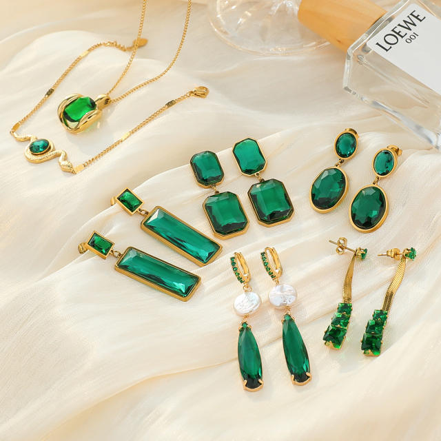 Elegant emerald cubic zircon glass crystal statement stainless steel necklace earrings collection