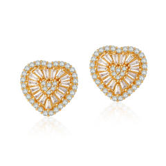 18K real gold plated diamond heart copper studs earrings
