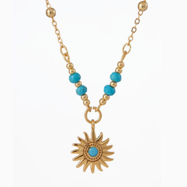 18KG geometric shape evil eye pendant turquoise bead necklace