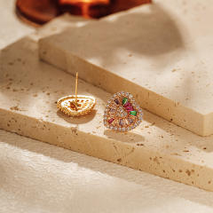 18K real gold plated diamond heart copper studs earrings