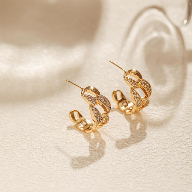925 needle diamond chain open hoop gold plated copper earrings