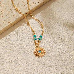 18KG geometric shape evil eye pendant turquoise bead necklace