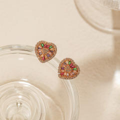 18K real gold plated diamond heart copper studs earrings
