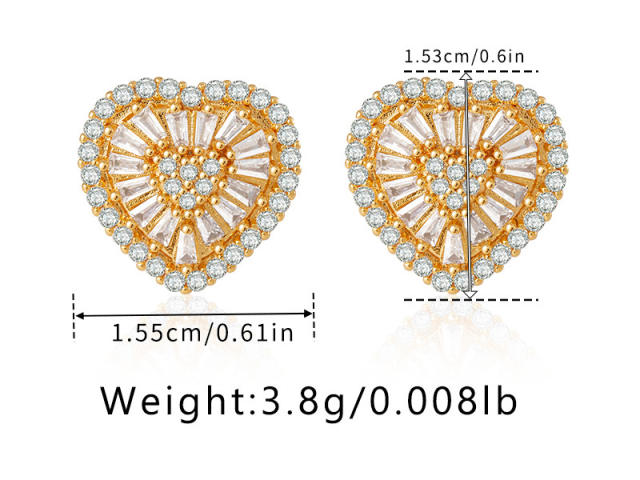 18K real gold plated diamond heart copper studs earrings