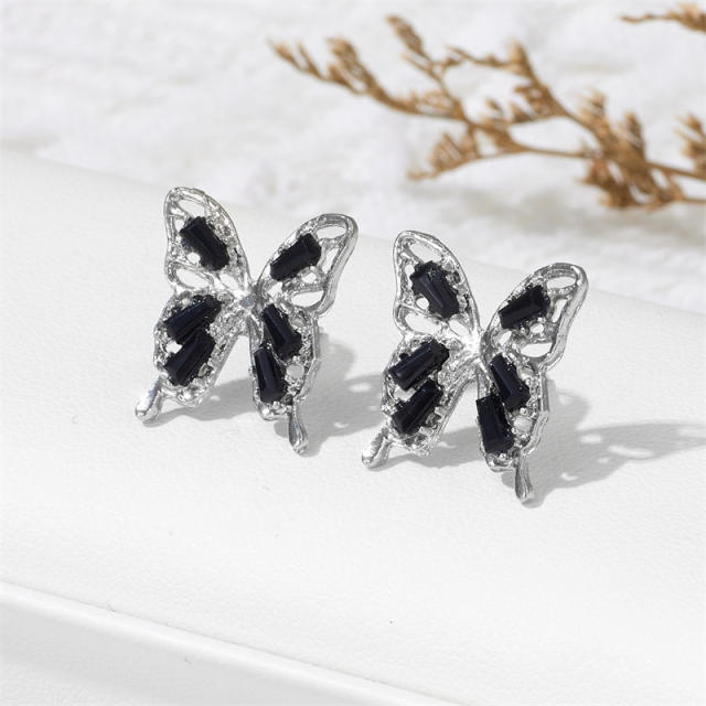 925 needle colorful diamond hollow out butterfly studs earrings