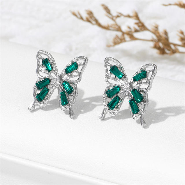 925 needle colorful diamond hollow out butterfly studs earrings