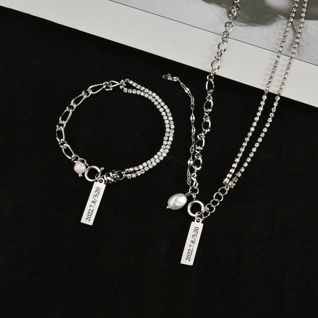 DIY bar charm silver color stainless steel necklace bracelet set engrave letter birthday gift