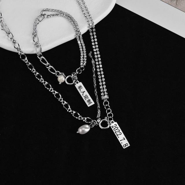 DIY bar charm silver color stainless steel necklace bracelet set engrave letter birthday gift