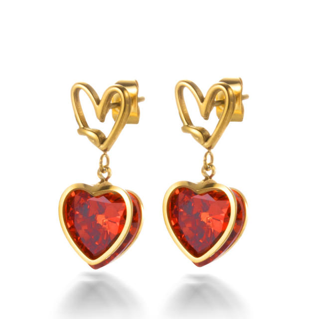 New year red color ruby cubic zircon heart stainless steel earrings collection