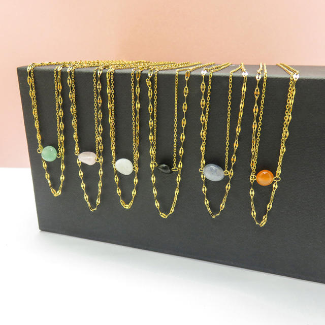 INS dainty natural stone bead two layer stainless steel necklace